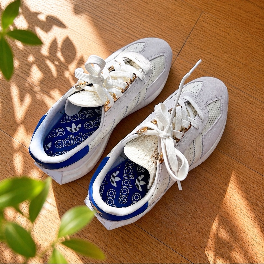 adidas Women's White and Blue Athletic Sneakers with gold accents - Picture 2 of 6